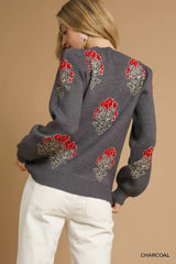 Umgee Single Flower Stem Jacquard Sweater OutfitFlow