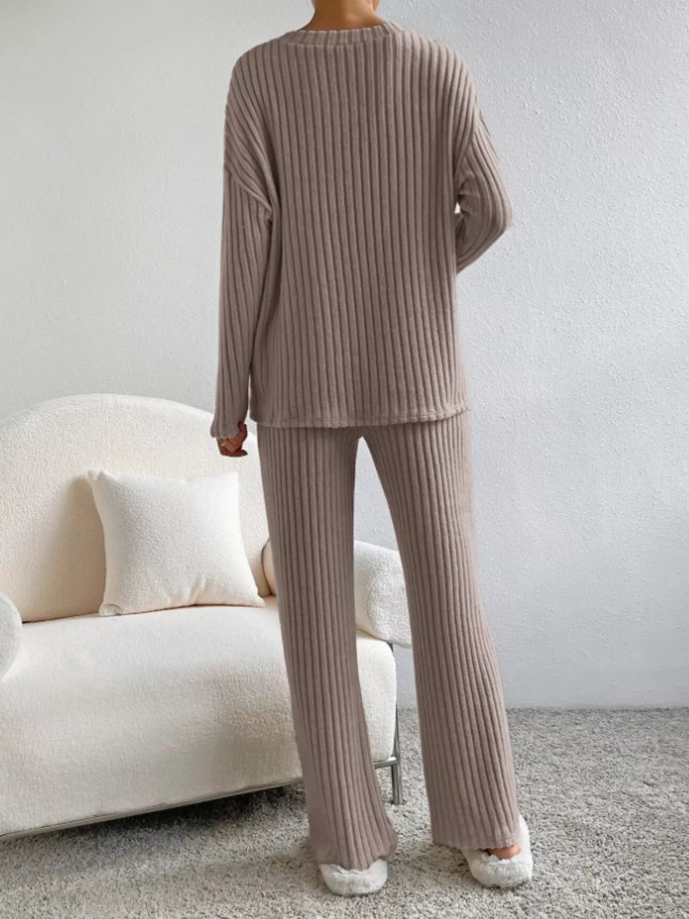 Ribbed Knit Long Sleeve Top and Pants Set OutfitFlow