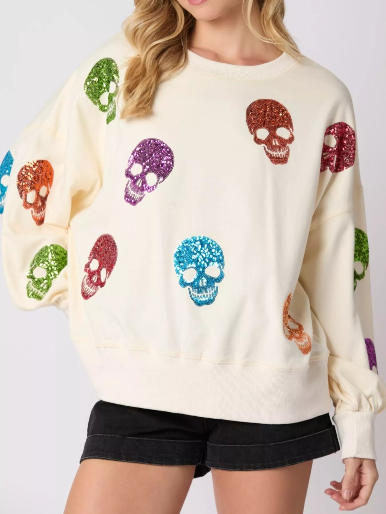 Halloween Colorful Skull Sequin Oversized Sweatshirt OutfitFlow