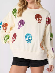 Halloween Colorful Skull Sequin Oversized Sweatshirt OutfitFlow