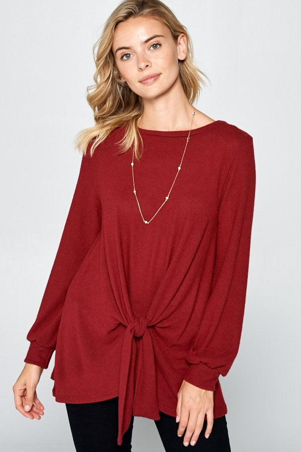 Outfit Flow - Super Lady Full Size Round Neck Knot Front Hacci Blouse