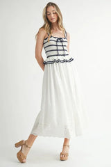 MABLE Crochet Stripe Knit Eyelet Mix Midi Dress OutfitFlow