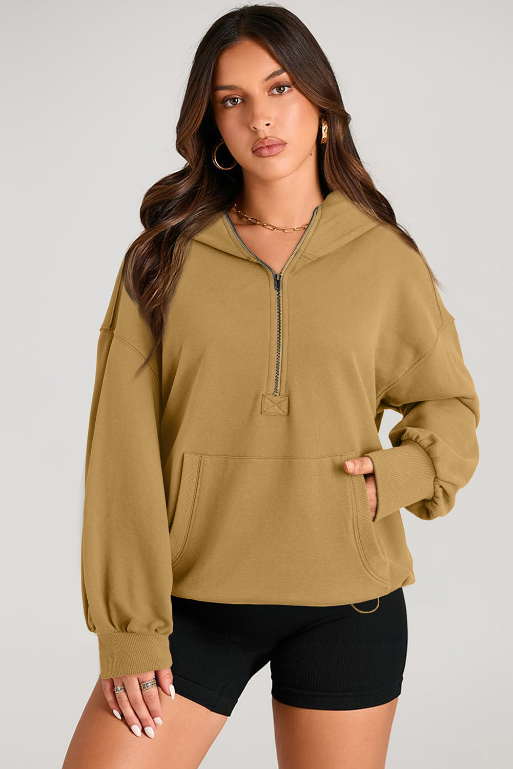 Outfit Flow - Pocketed Half Zip Long Sleeve Hoodie