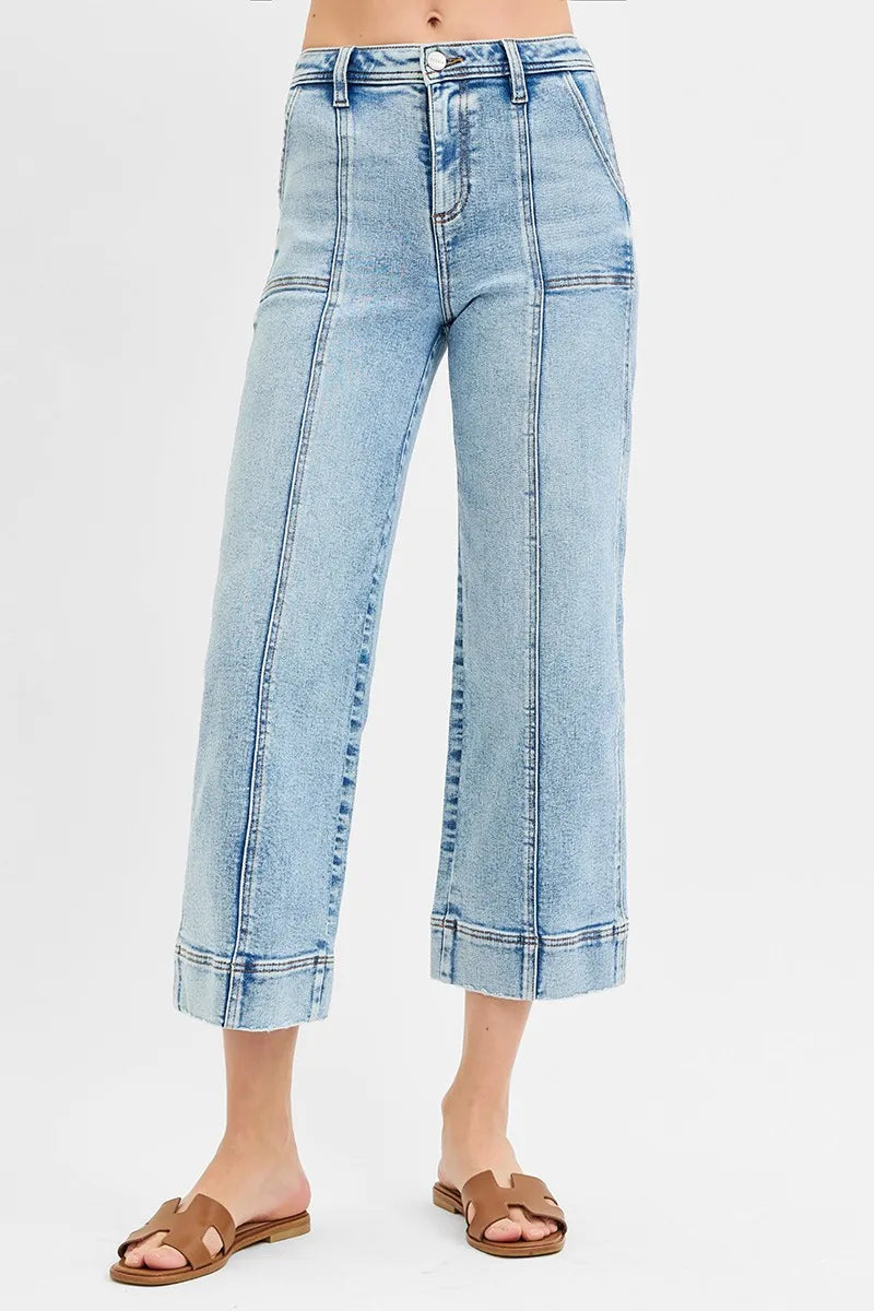 RISEN Full Size High Rise Crop Wide Front Seam Detailed Jeans Plus Size OutfitFlow