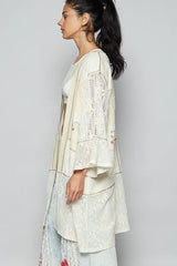 POL Double Gauze and Lace Mix Cardigan with Embroidered Detail OutfitFlow