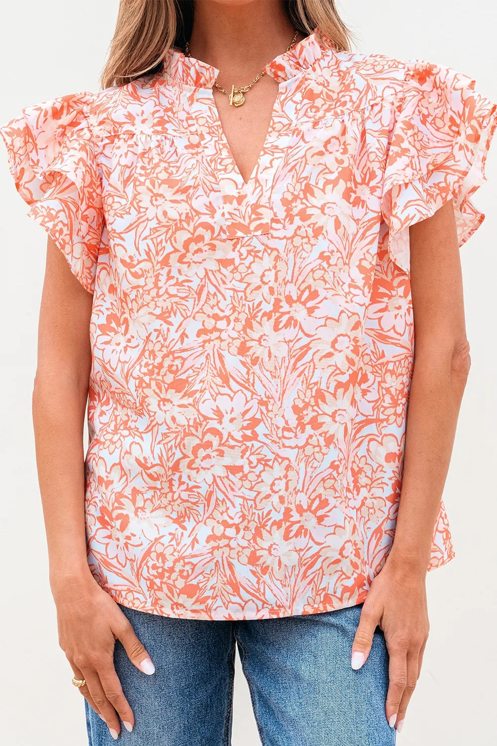 Floral Ruffle Sleeve Split Neck Blouse OutfitFlow