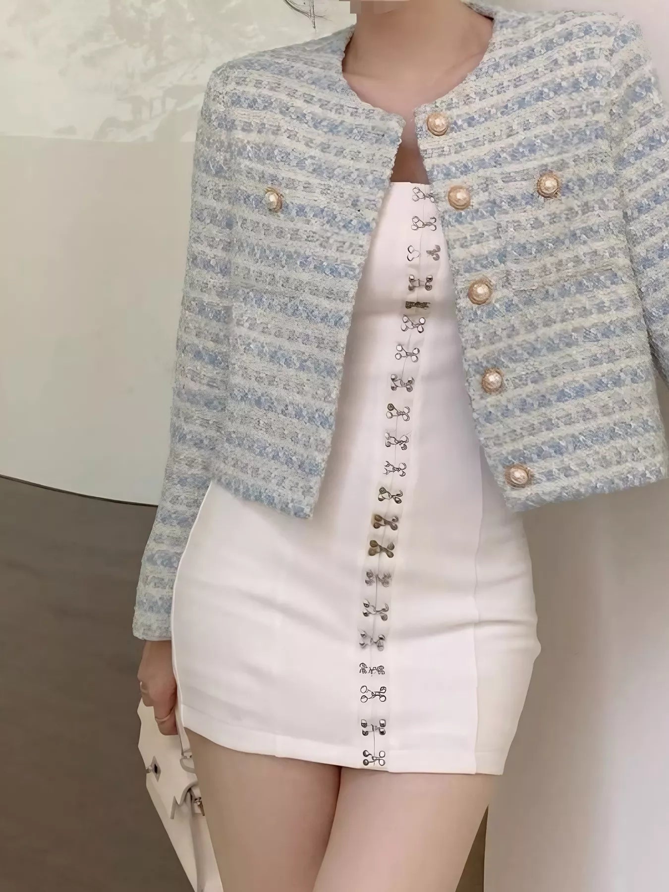 Button Up Cropped Tweed Outerwear OutfitFlow