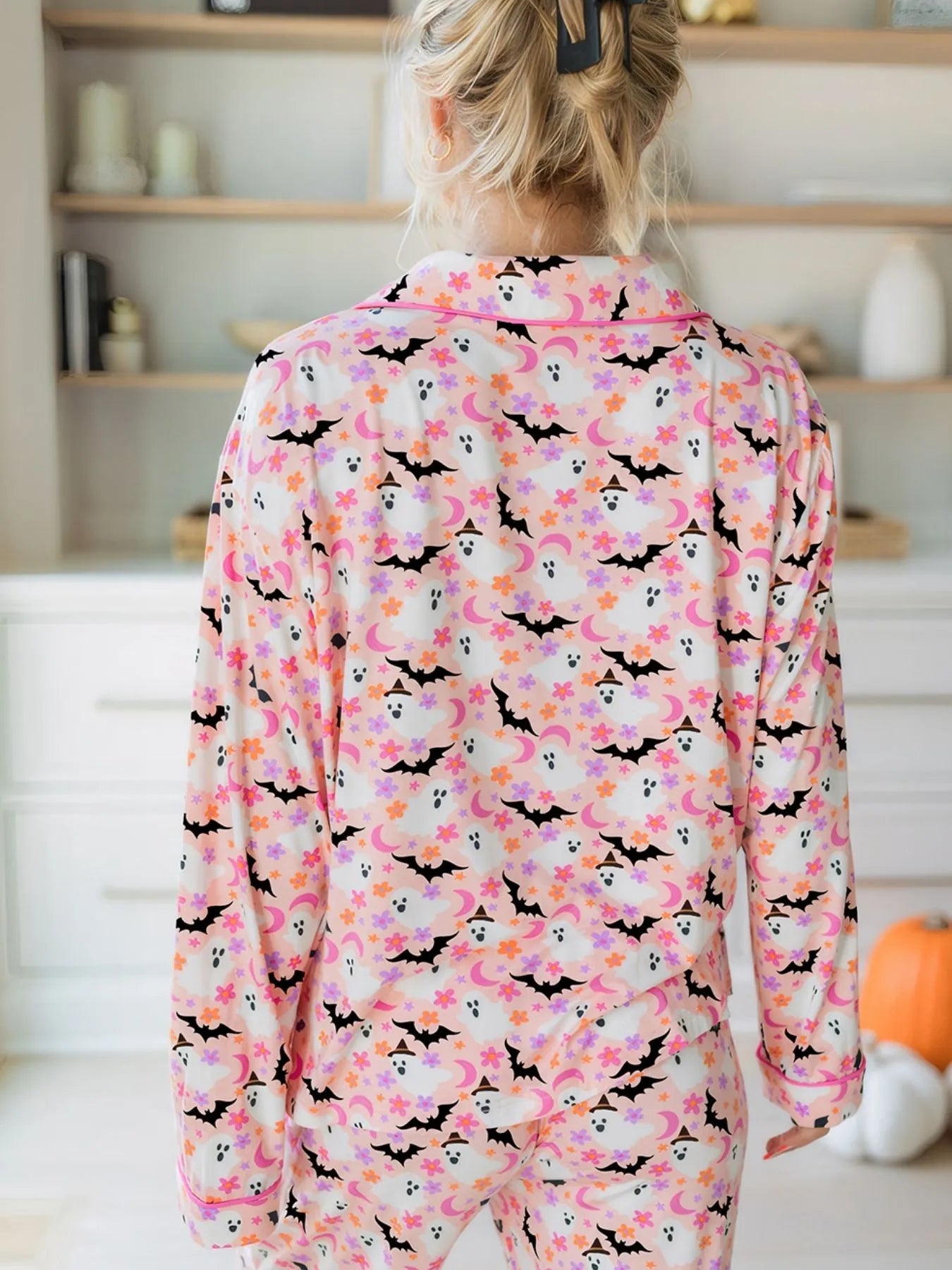 Halloween Ghost Print Button Up Top and Pants Lounge Set OutfitFlow