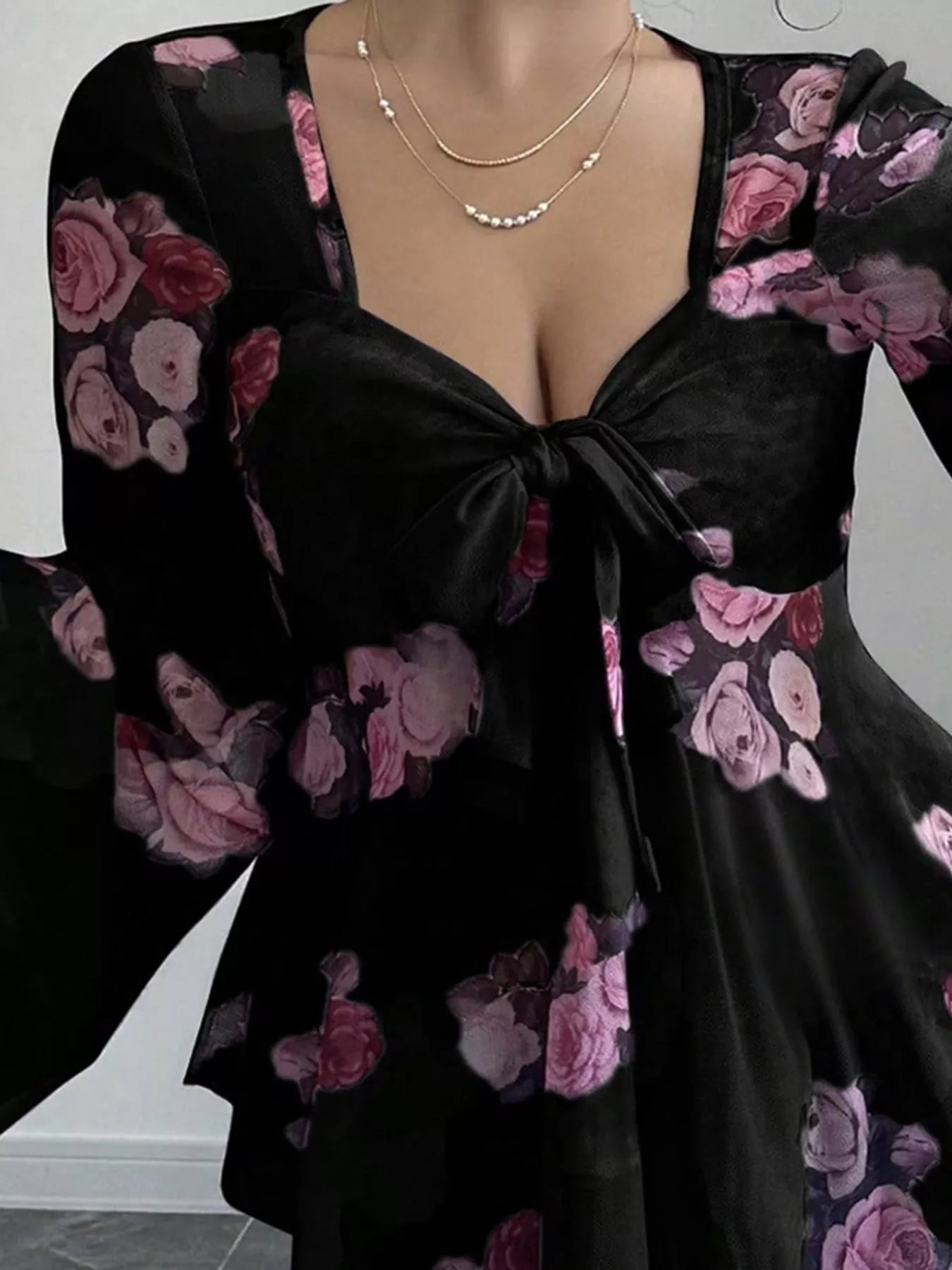 Floral Print Tie Front Flare Sleeve Blouse OutfitFlow