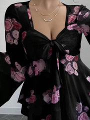 Floral Print Tie Front Flare Sleeve Blouse OutfitFlow