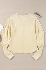 Waffle-Knit Round Neck Long Sleeve Top