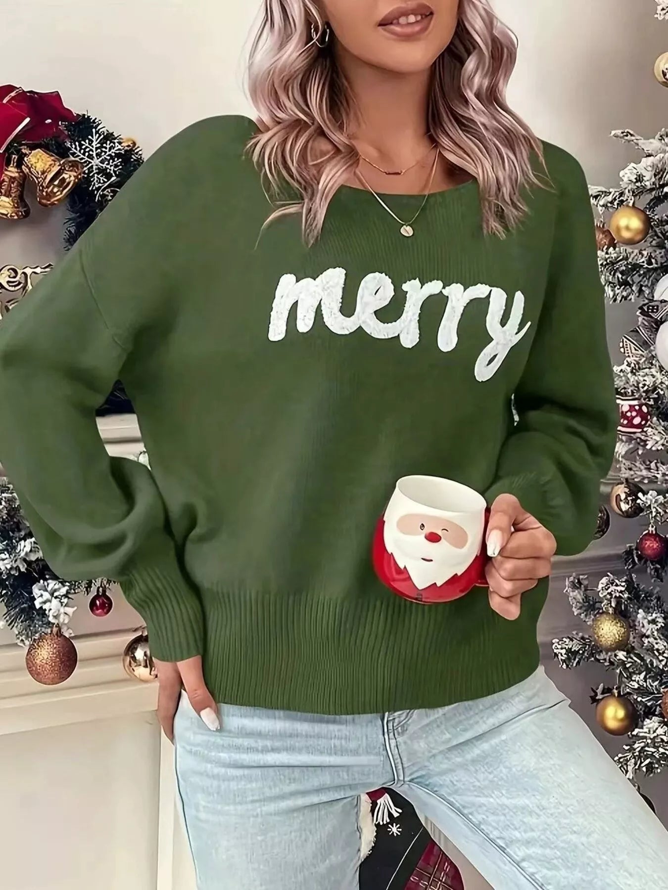 Merry Round Neck Dropped Shoulder Christmas Sweater Sage OutfitFlow