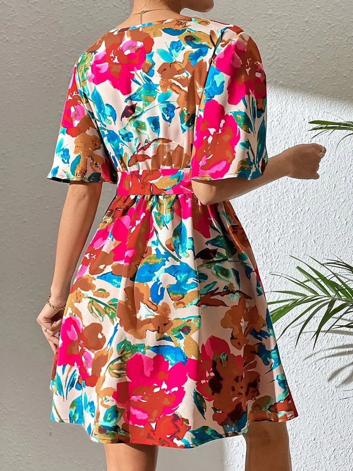 Printed Surplice Short Sleeve Mini Dress OutfitFlow