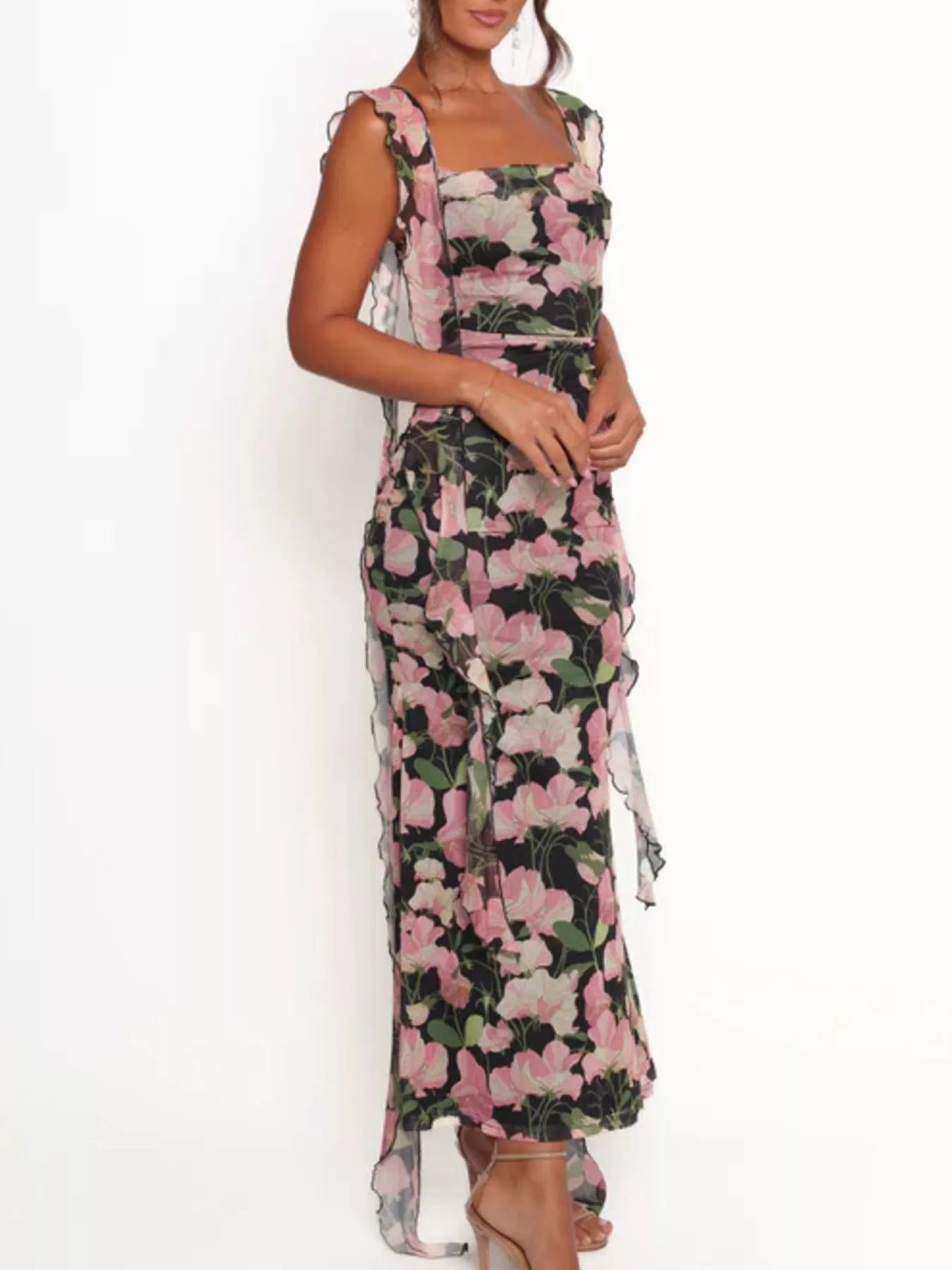 Floral Print Ruffle Trim Bodycon Maxi Dress OutfitFlow