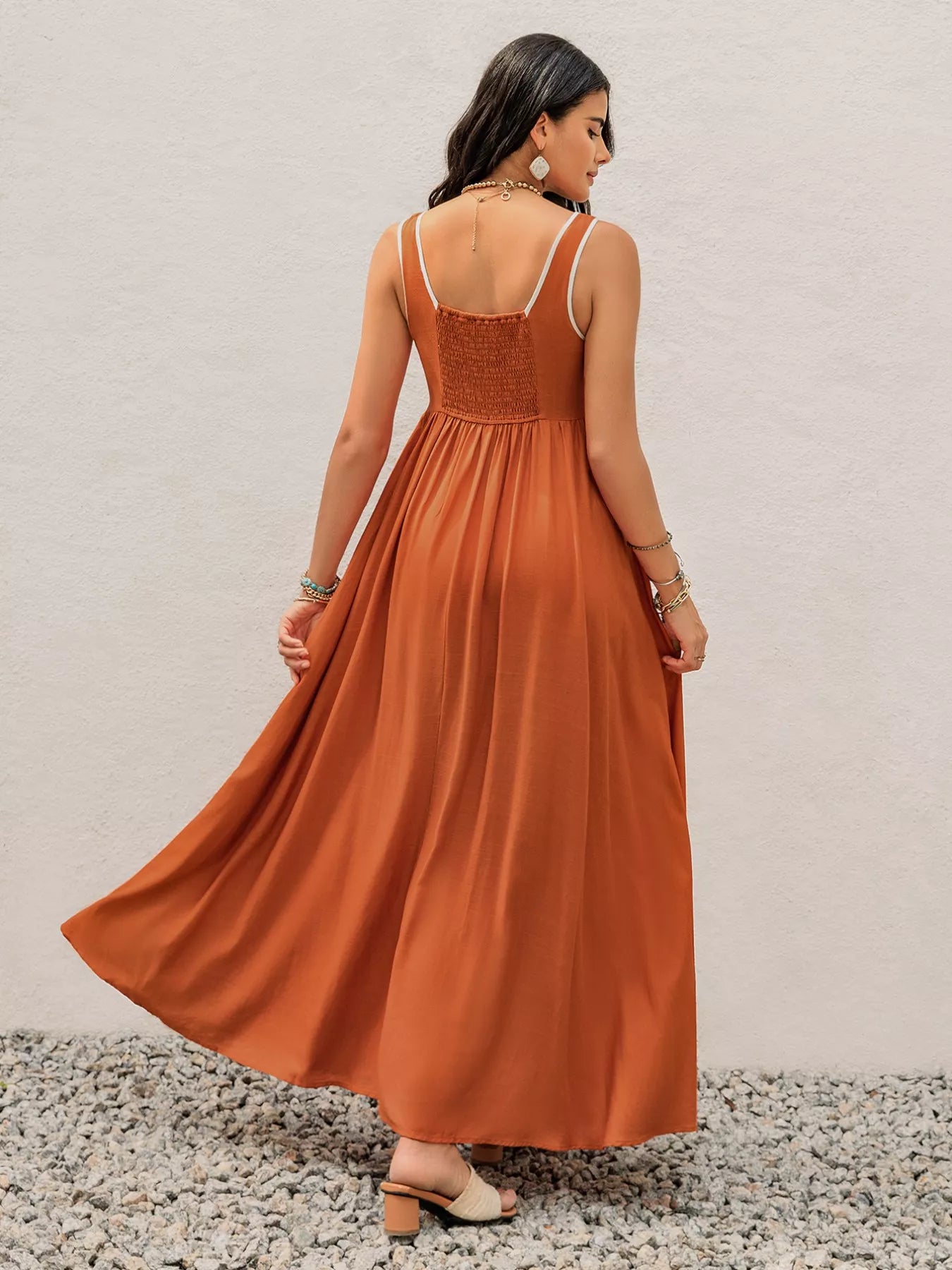 Contrast Trim Lace-Up Maxi Tank Dress OutfitFlow