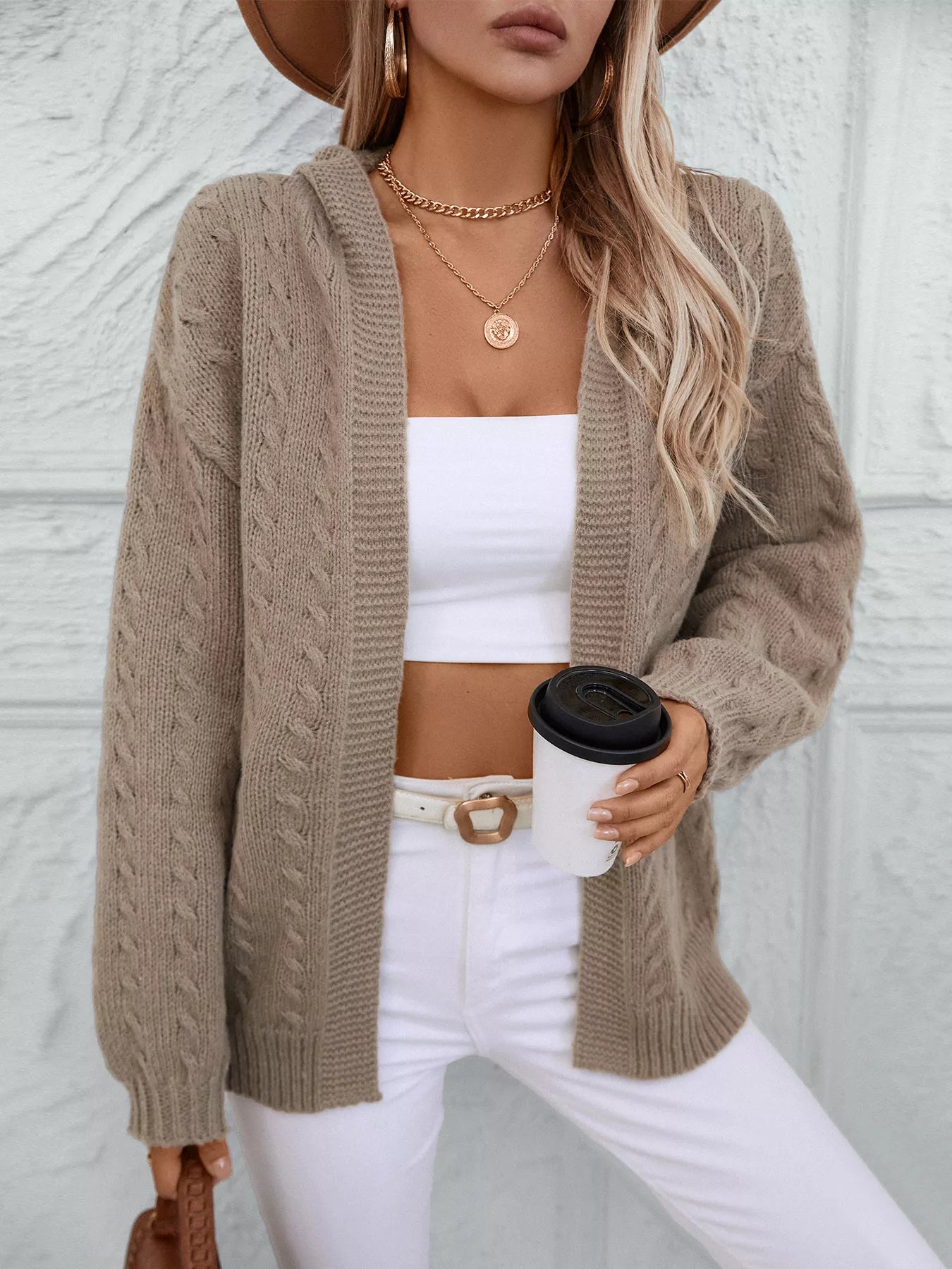 Cable Knit Open Front Hooded Cardigan Trendsi