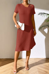Ivy Lane Ribbed Asymmetrical Neck Short Sleeve Dress Orange-Red OutfitFlow