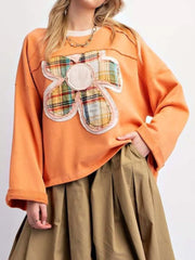 Plaid Flower Patched Round Neck T-Shirt OutfitFlow