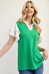 Celeste Full Size Solid Color Top with Ruffle Layered Sleeves Plus Size OutfitFlow