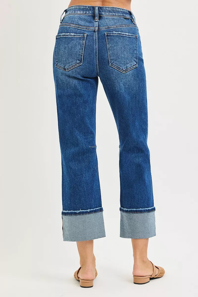 RISEN High Rise Straight Jeans with Distressed Hem OutfitFlow