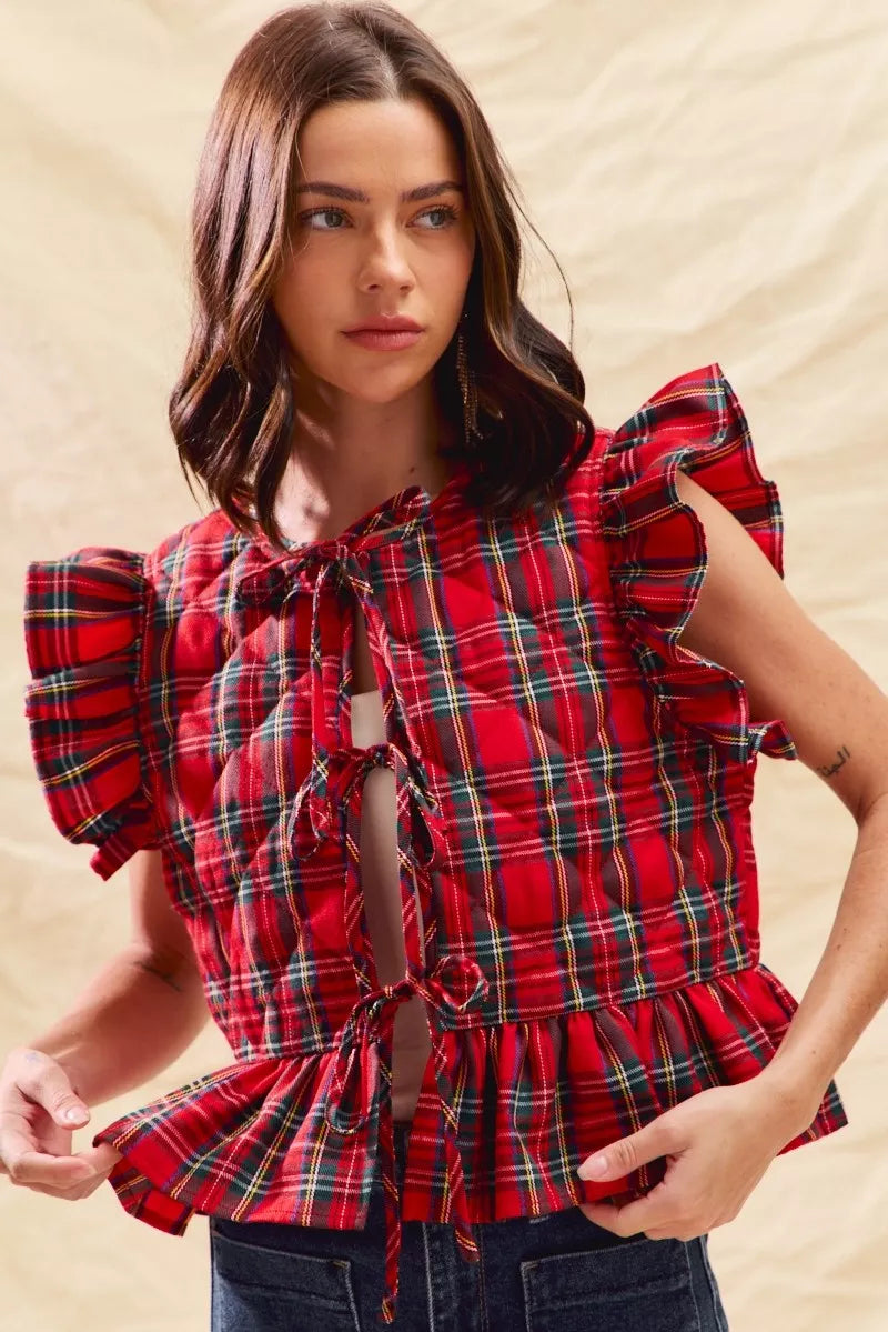 SO ME Christmas Holiday Plaid Ruffled Quilt Vest Top Trendsi