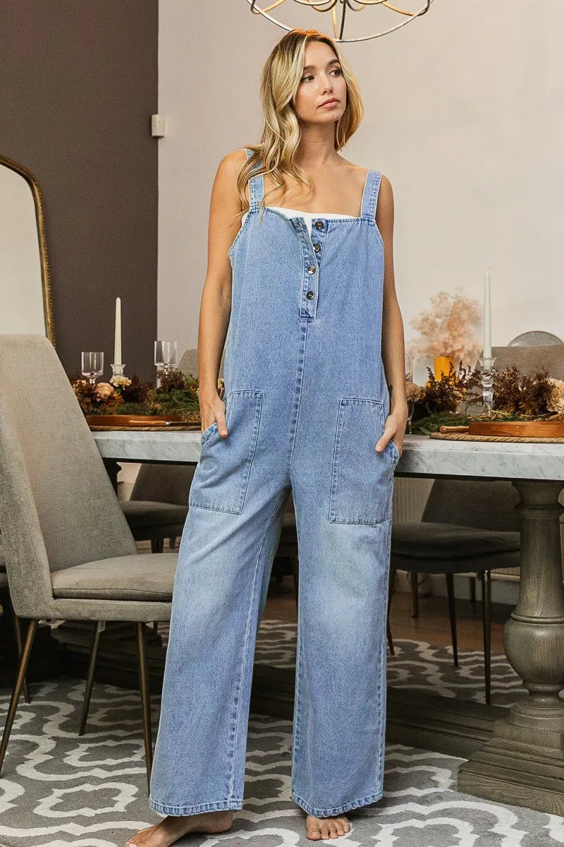 BiBi Washed Denim Buttoned Overall Jumpsuit OutfitFlow