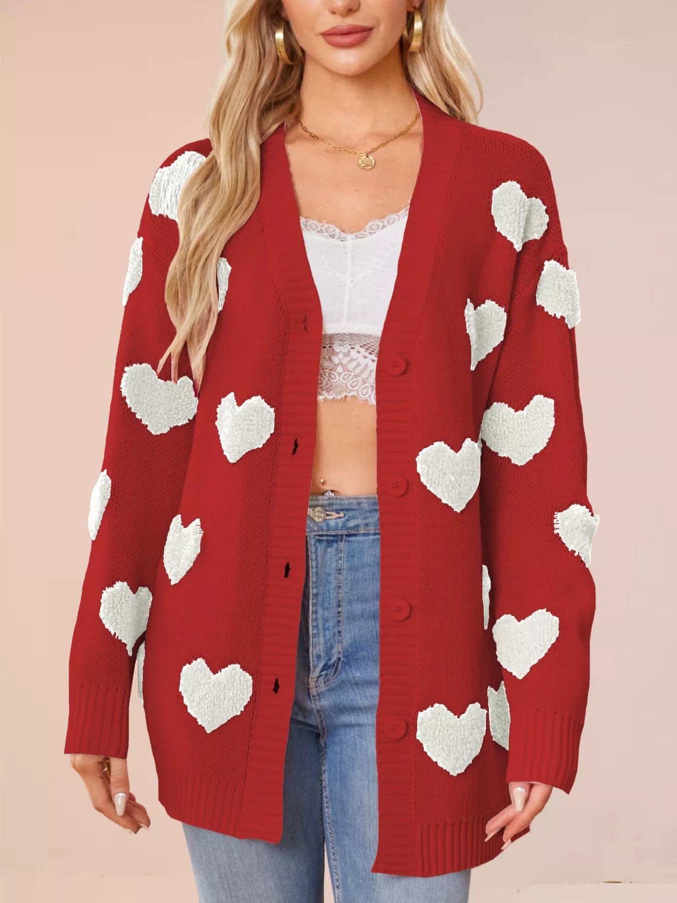 Heart Pattern Knit Button-Up Cardigan Red OutfitFlow