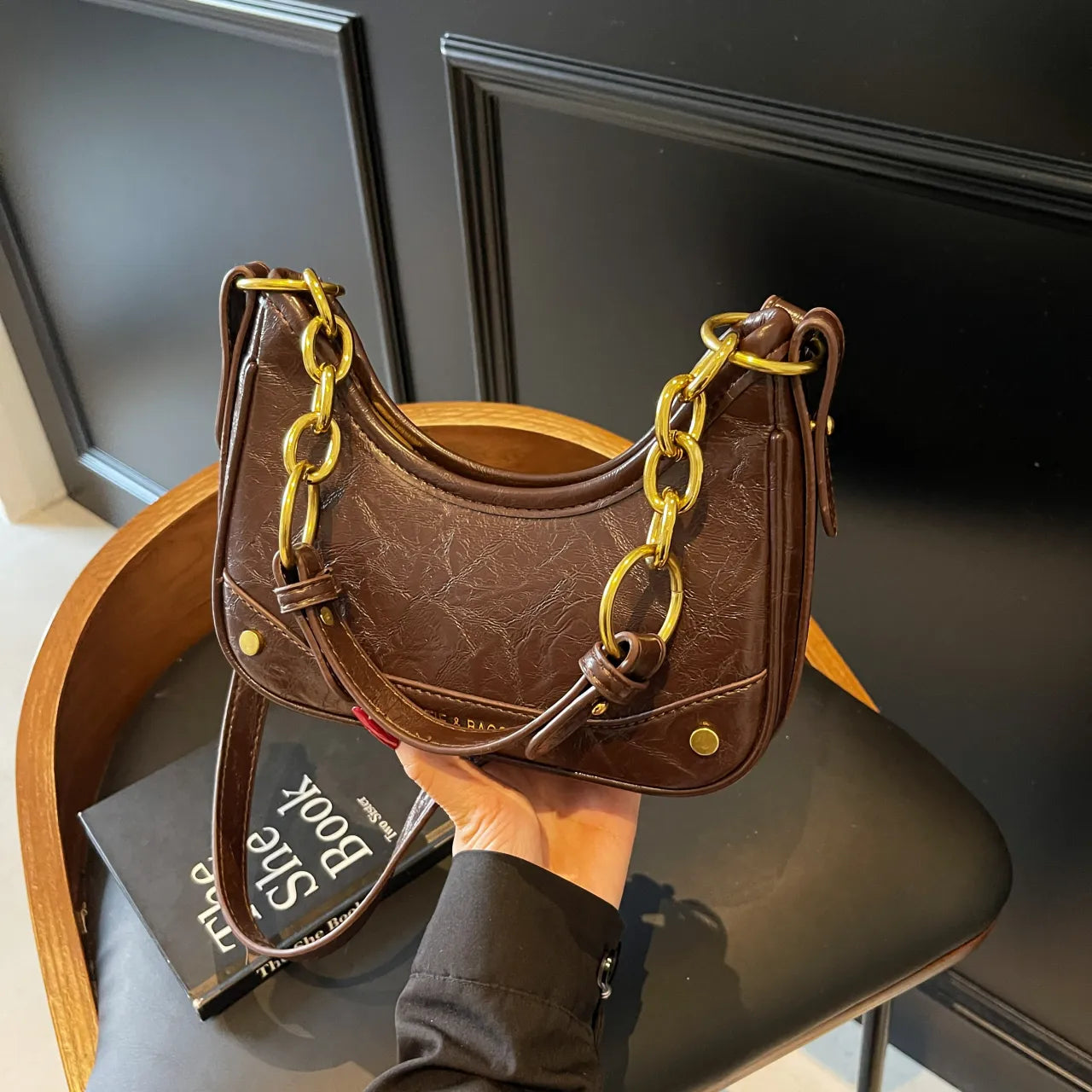 Leather Crescent Shoulder Bag Coffee onesize OutfitFlow