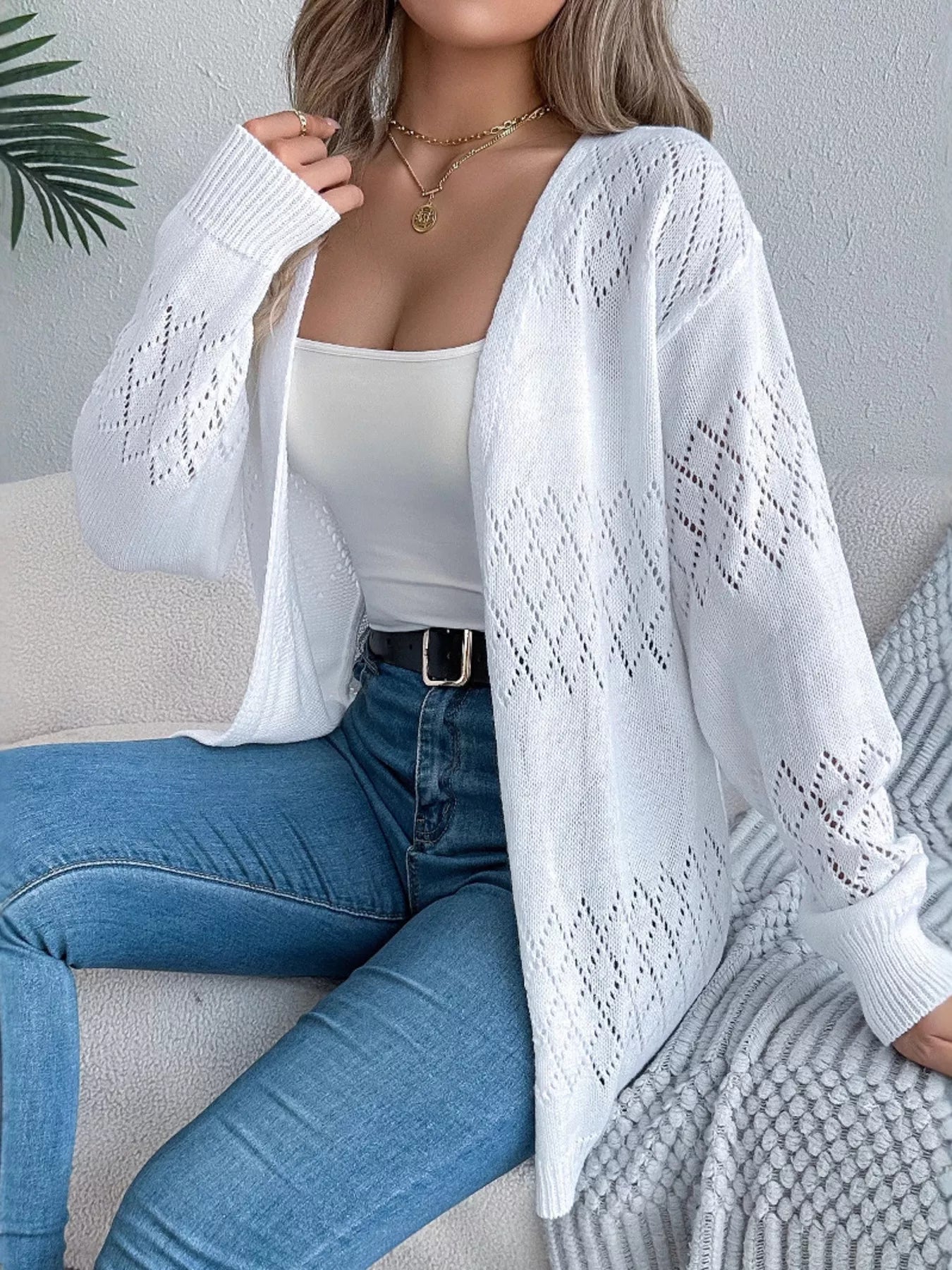 Openwork Open Front Long Sleeve Cardigan OutfitFlow
