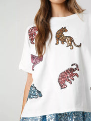 Sequin Tiger Round Neck T-Shirt OutfitFlow