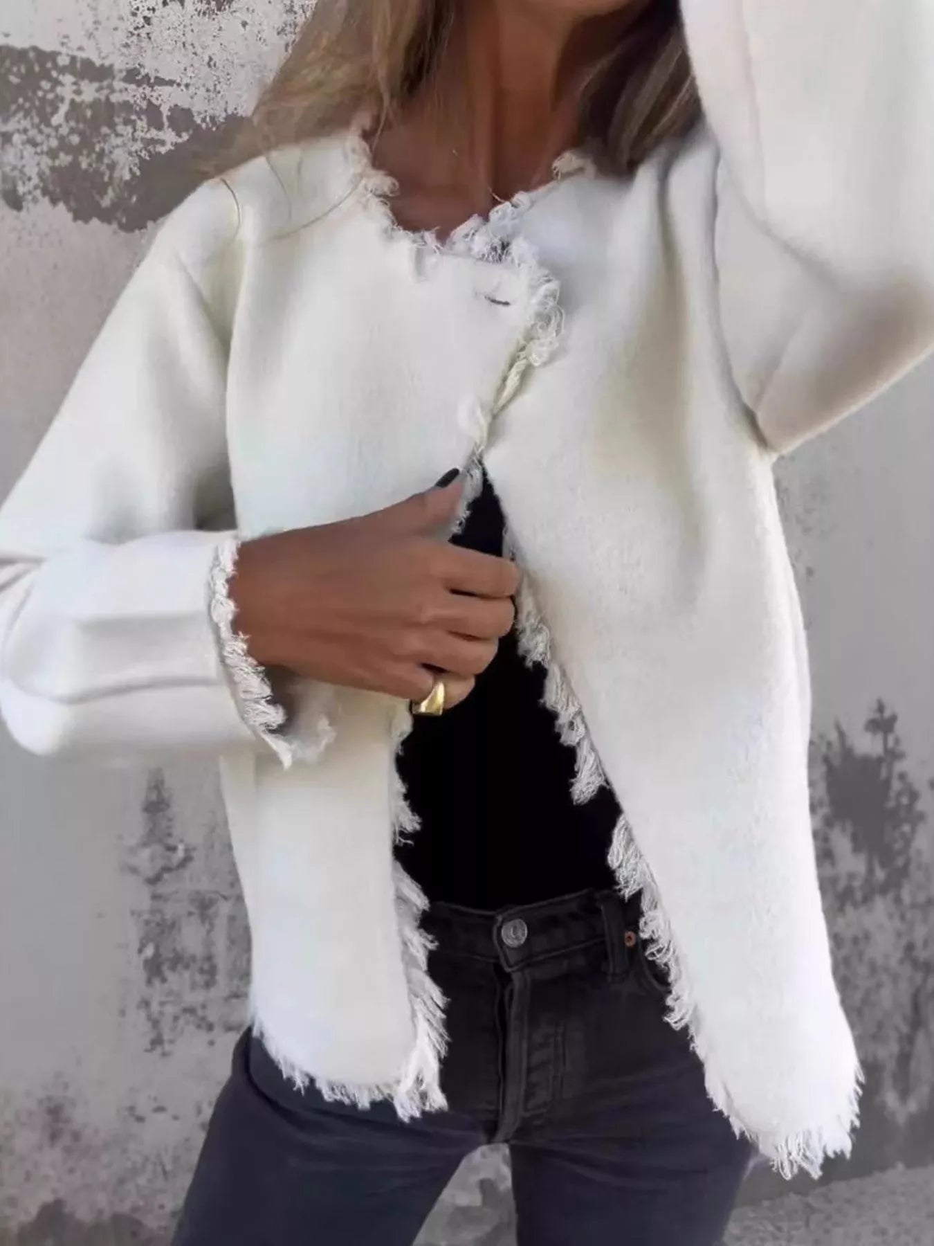 Full Size One Button Frayed Edge Cardigan Plus Size White OutfitFlow