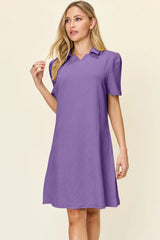 Double Take Full Size Texture Collared Neck Short Sleeve Dress Lavender OutfitFlow