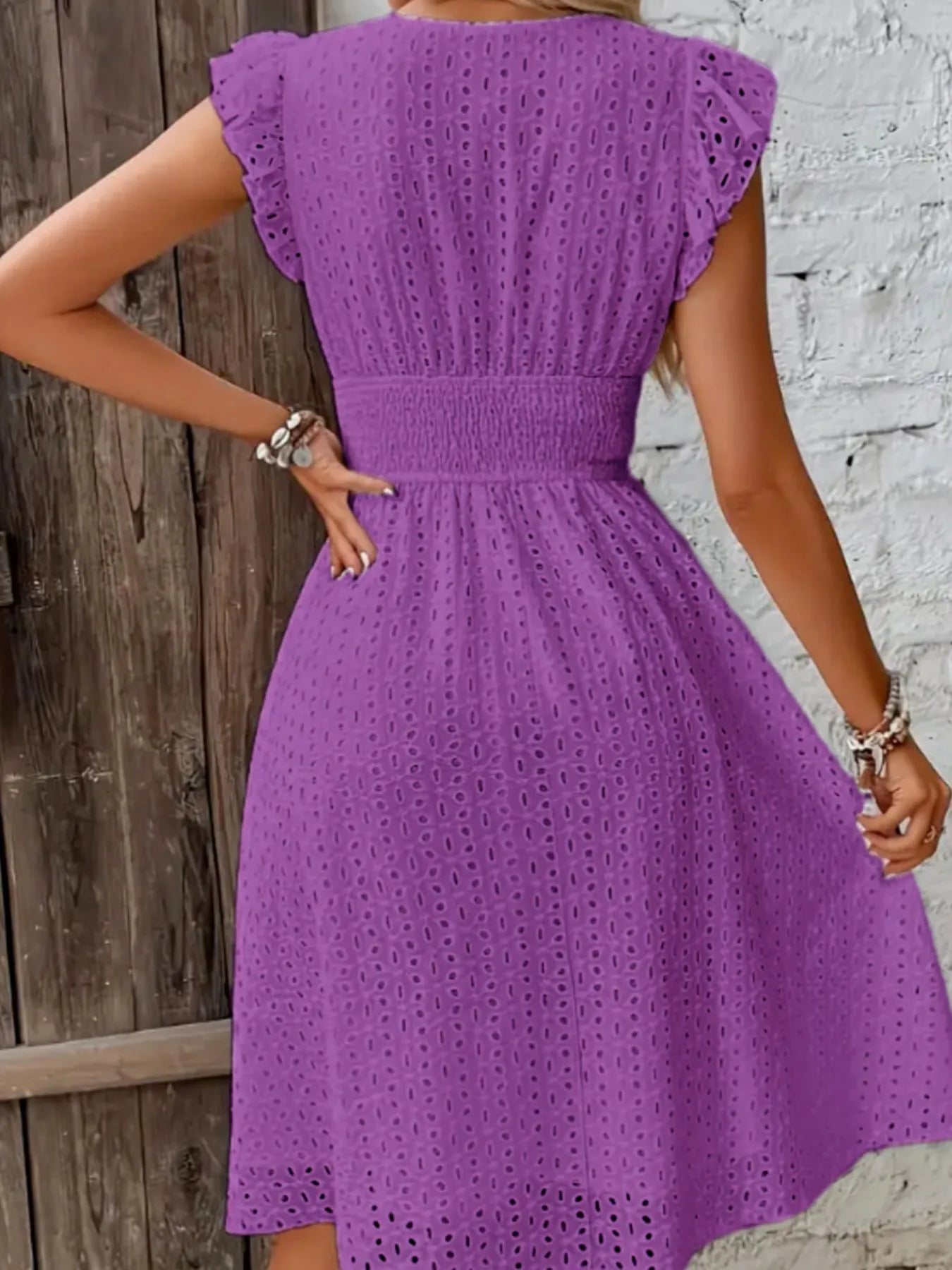Eyelet Ruffled Cap Sleeve Mini Dress OutfitFlow
