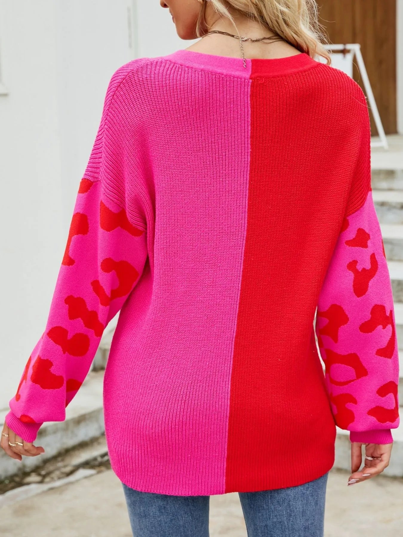 Color Block Leopard V-Neck Sweater OutfitFlow
