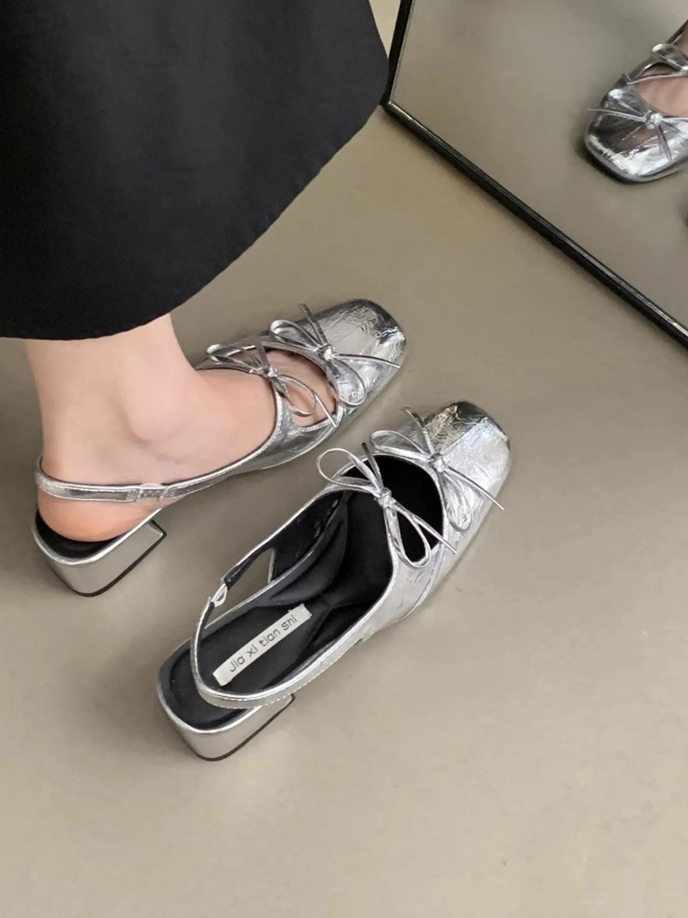 Square Toe Bow-Tie Slingback Ballet Shoes OutfitFlow