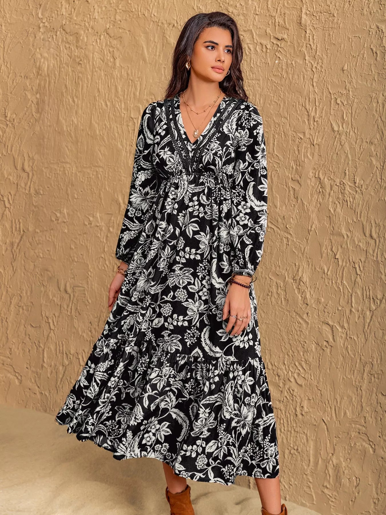 Floral Print V-Neck Long Sleeve Ruffle Hem Midi Dress OutfitFlow