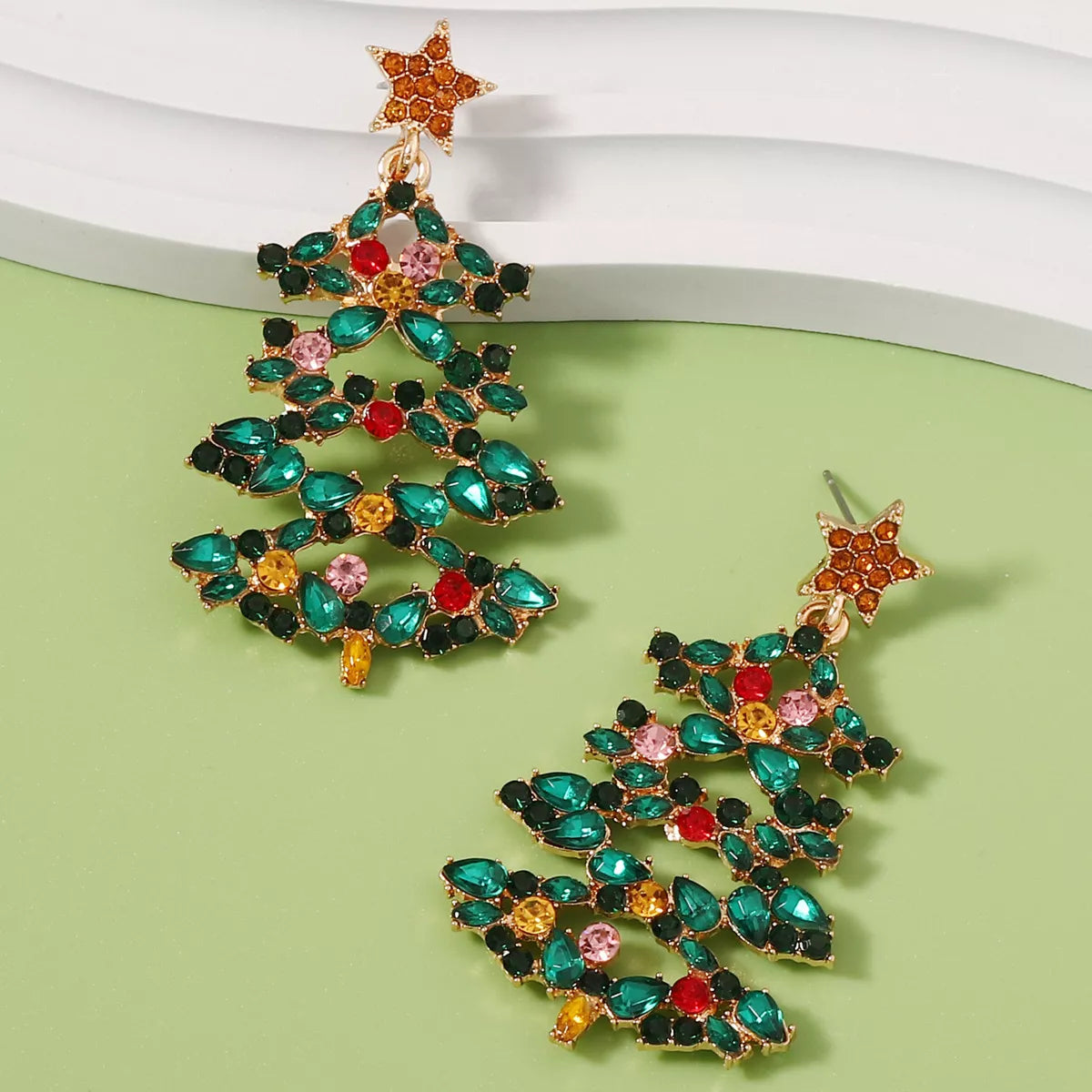 Christmas Tree Earrings with Rhinestones OutfitFlow