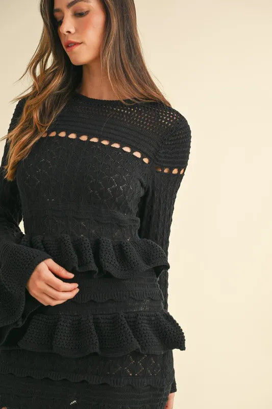MABLE Long Sleeve Tiered Ruffle Knit Midi Dress OutfitFlow