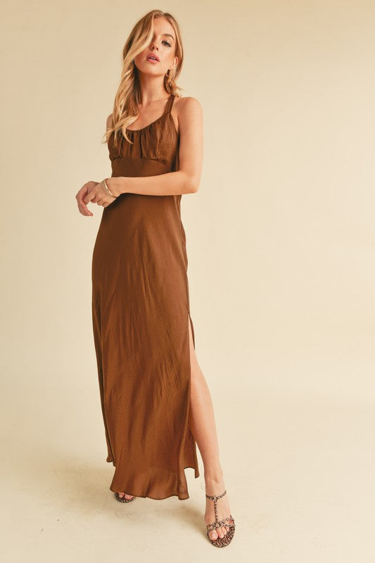 Aemi + Co Ruched Side Slit Cutout Back Maxi Cami Dress OutfitFlow