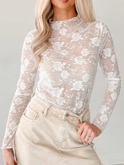 Sheer Floral Lace Mesh Mock Neck Long Sleeve Top OutfitFlow