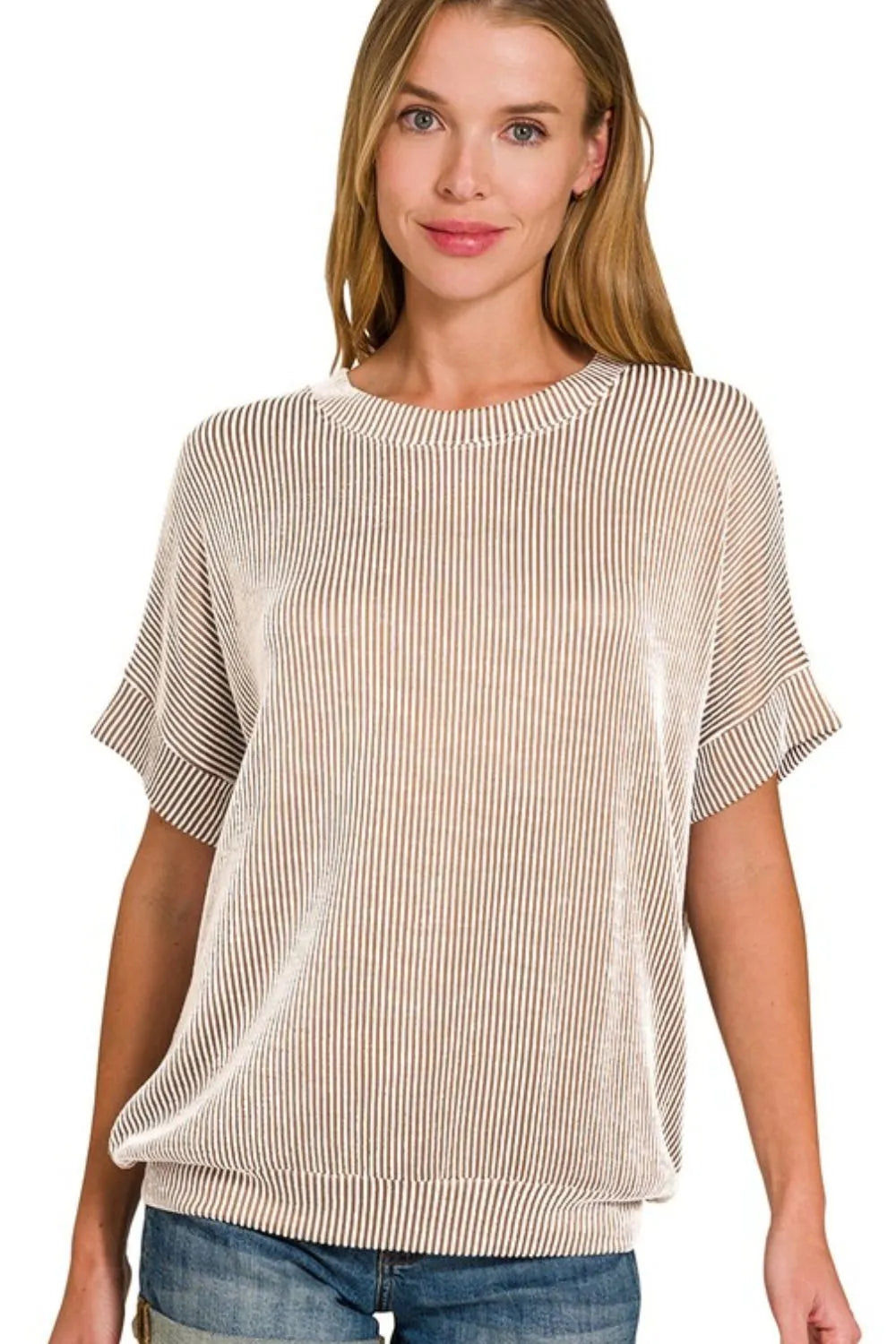Zenana Corded Rib Short Sleeve T-Shirt MOCHA OutfitFlow