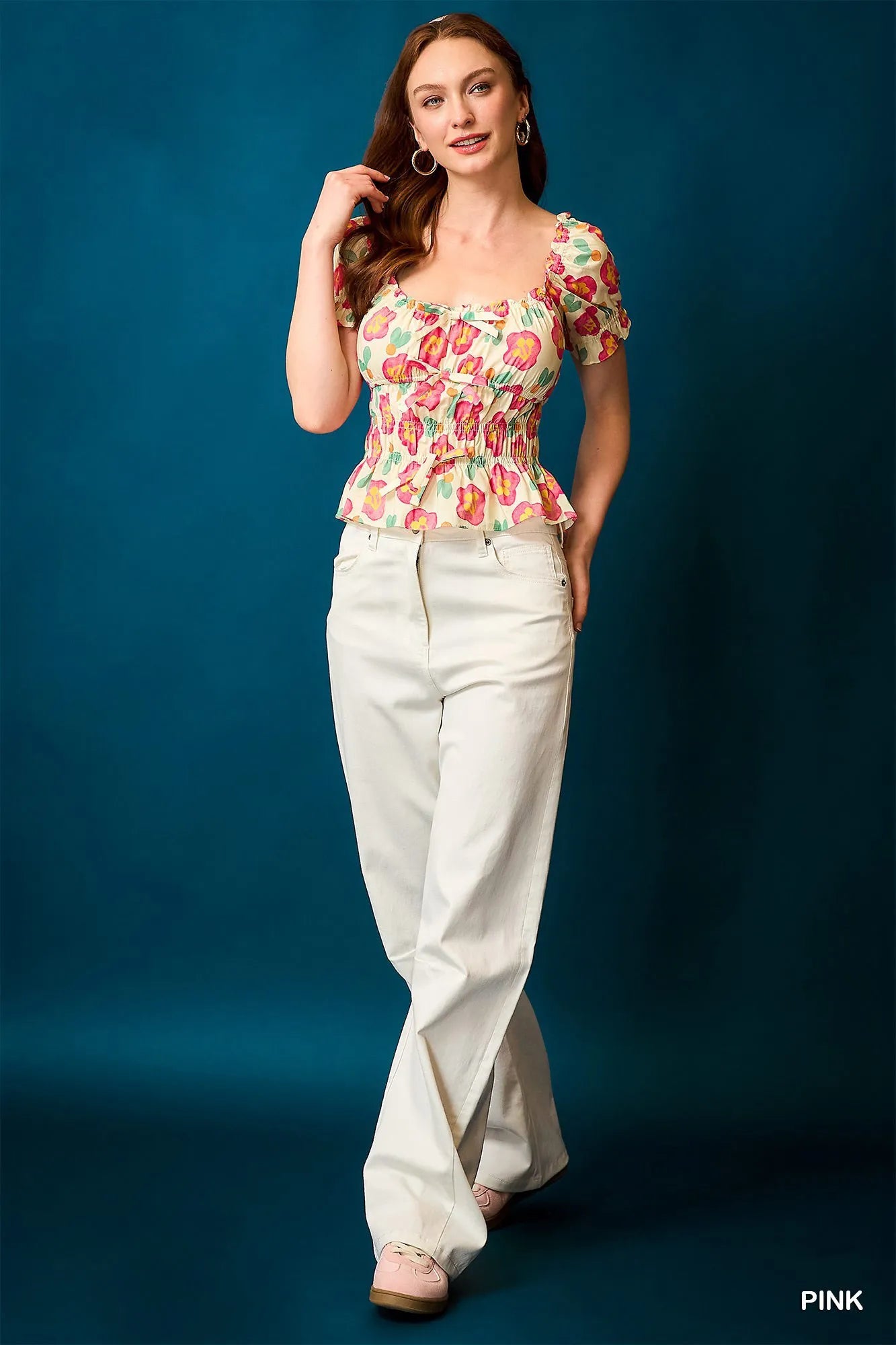 Umgee Floral Smocked Peplum Blouse OutfitFlow