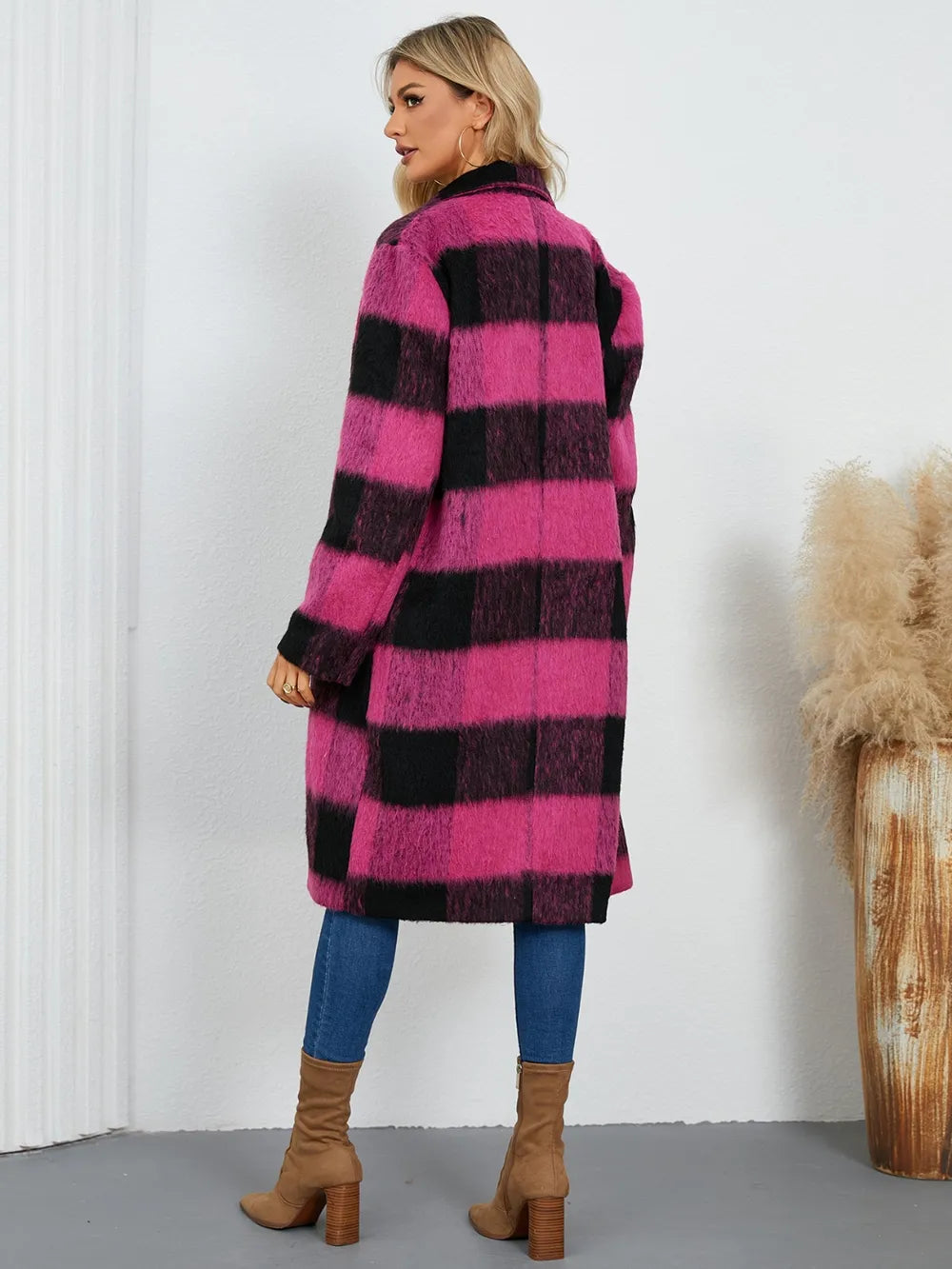 Plaid Double-Breasted Long Sleeve Coat Trendsi