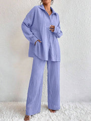 Button Up Long Sleeve Shirt and Pants Set OutfitFlow
