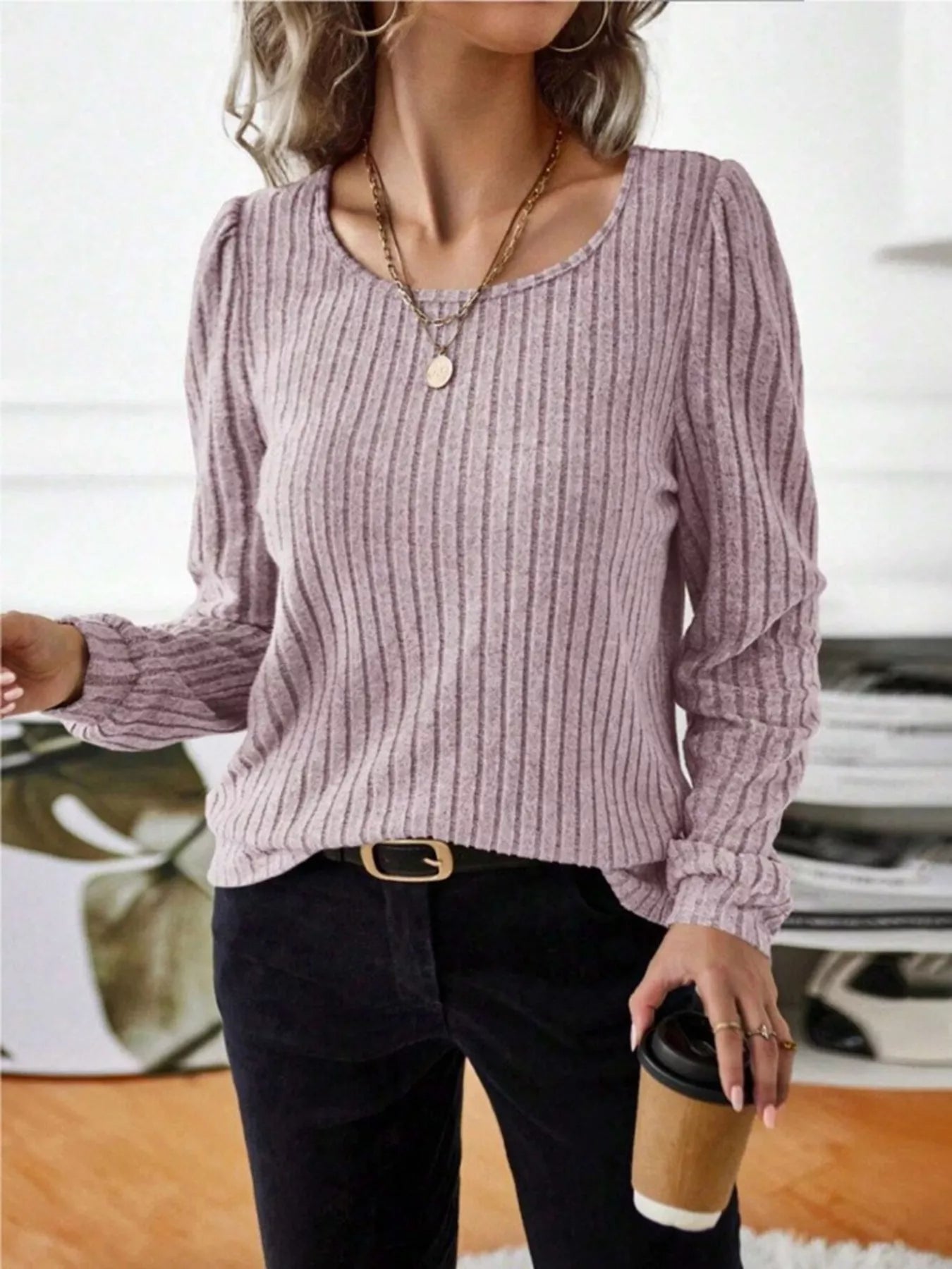 Ribbed Knit Long Sleeve T-Shirt OutfitFlow