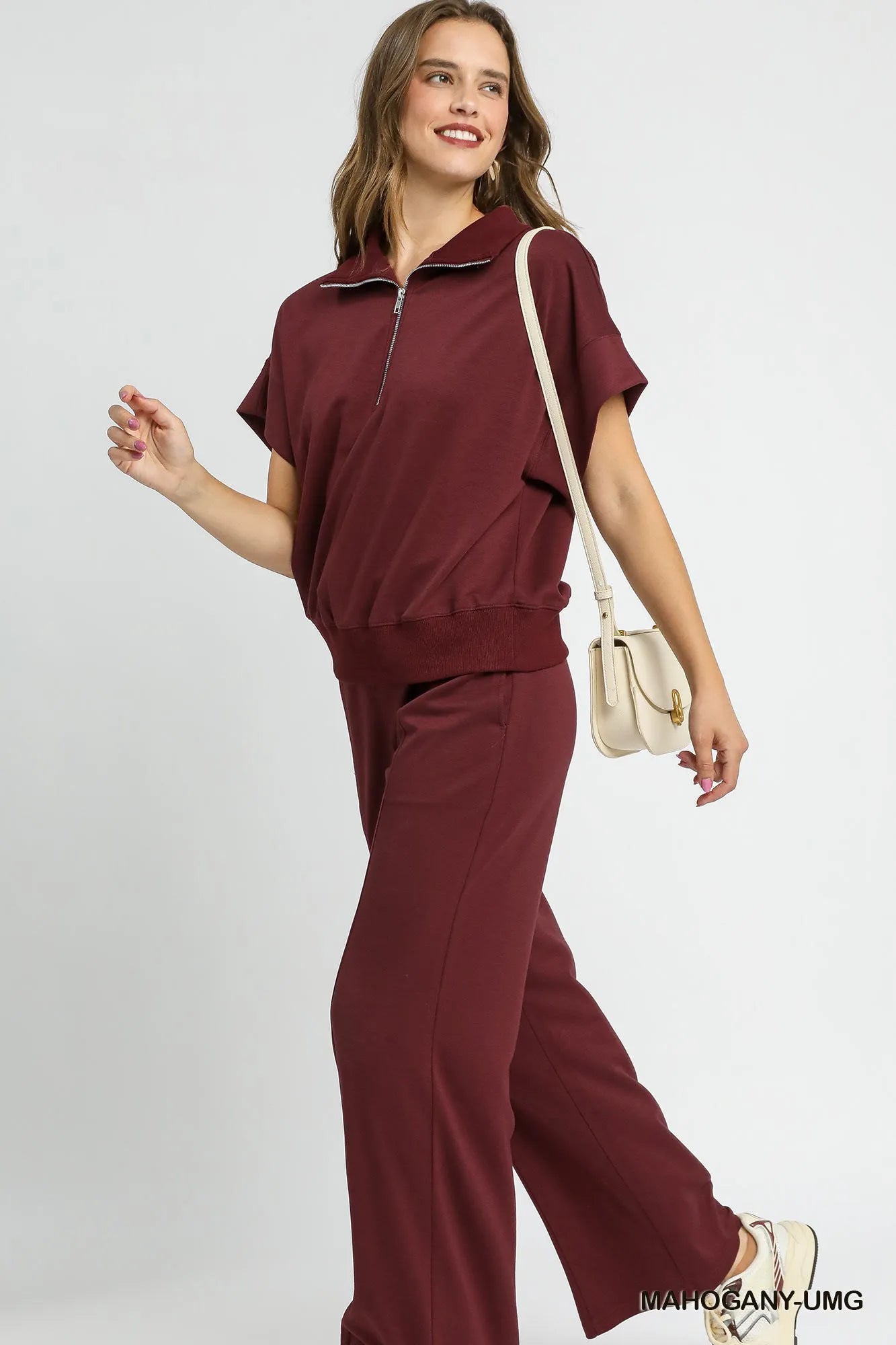 Umgee Full Size Half-Zip Short Sleeve Top Plus Size OutfitFlow