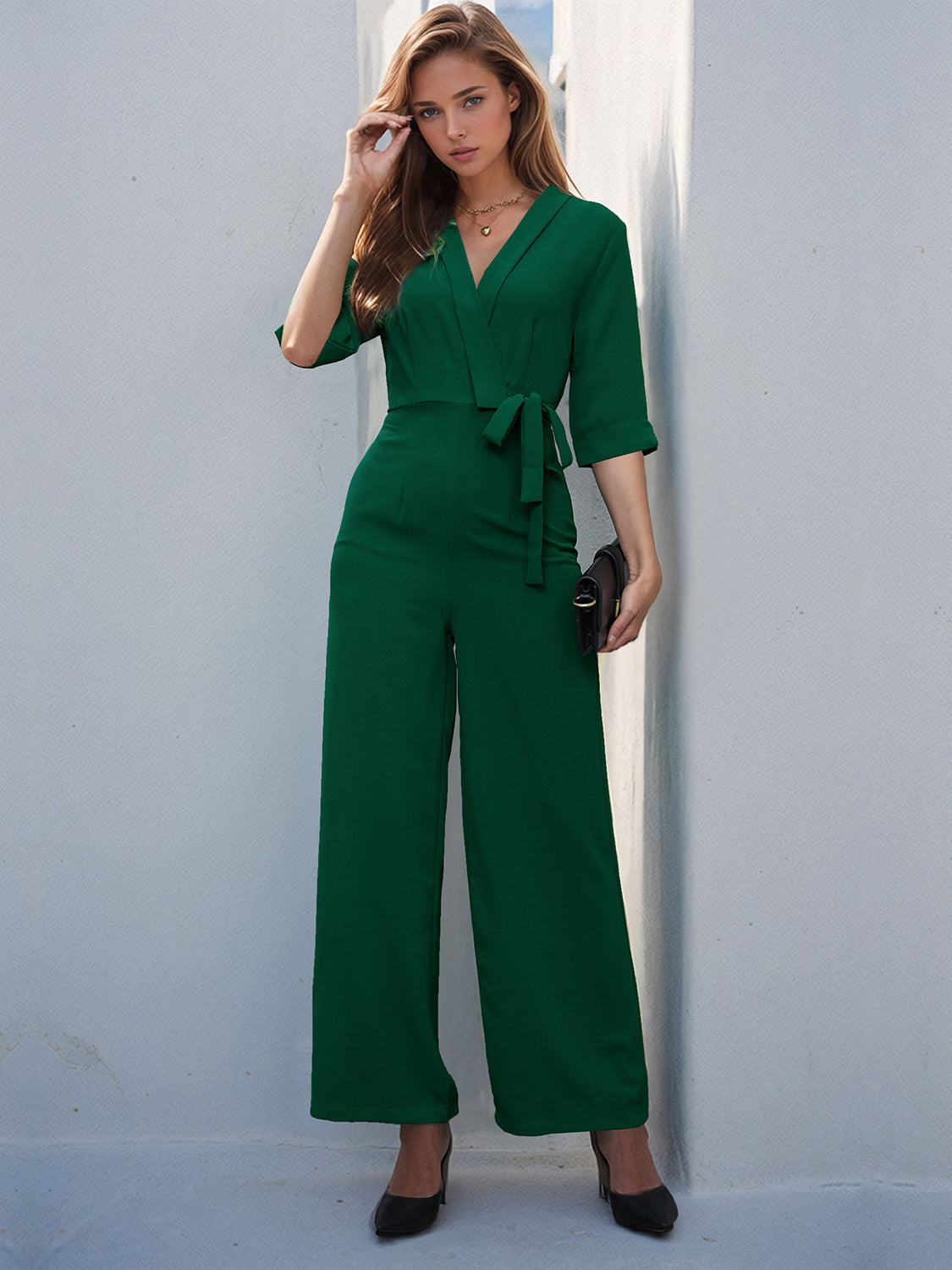 Outfit Flow - Perfee Surplice Half Sleeve Wide Leg Jumpsuit