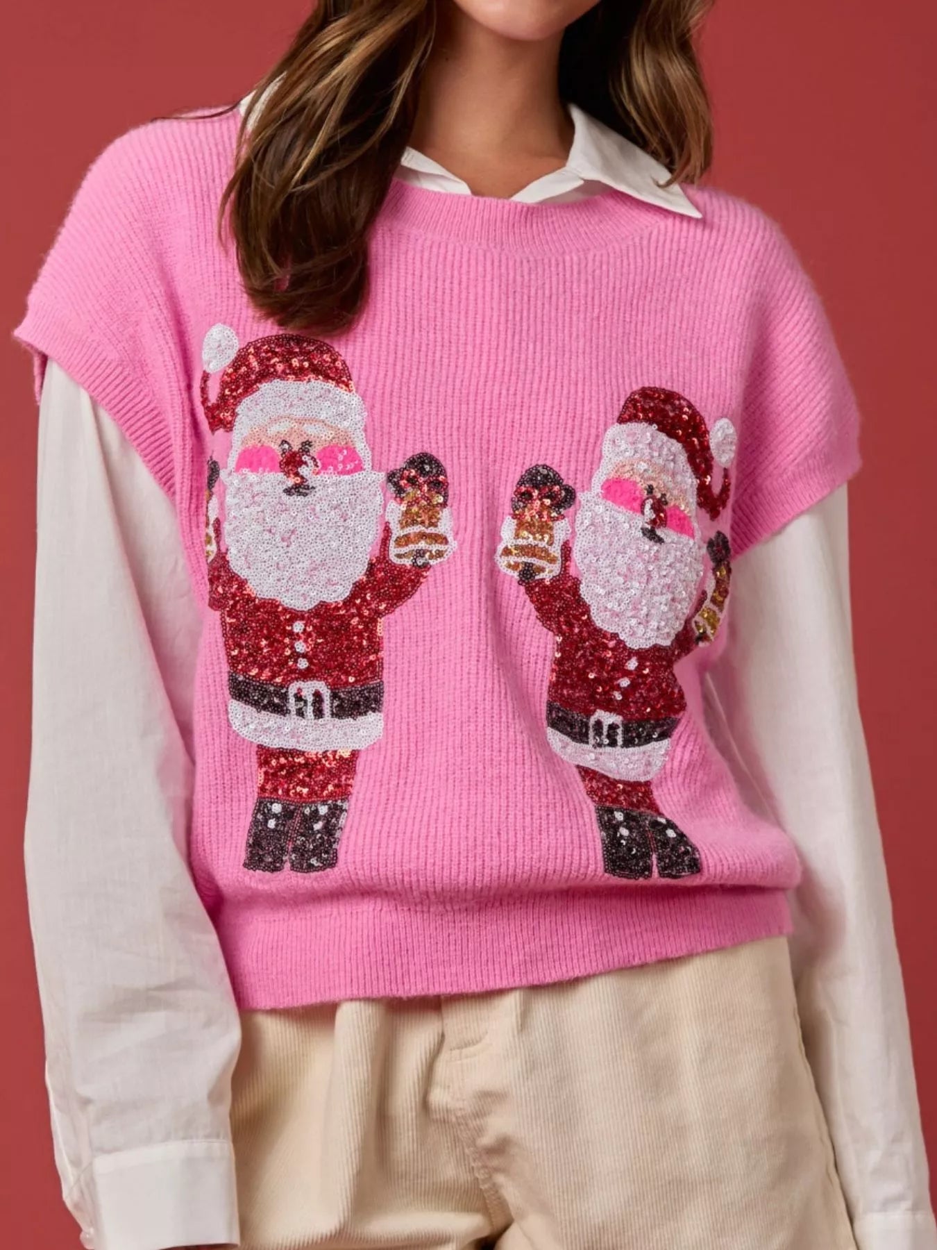 Christmas Sequin Round Neck Sweater Vest OutfitFlow