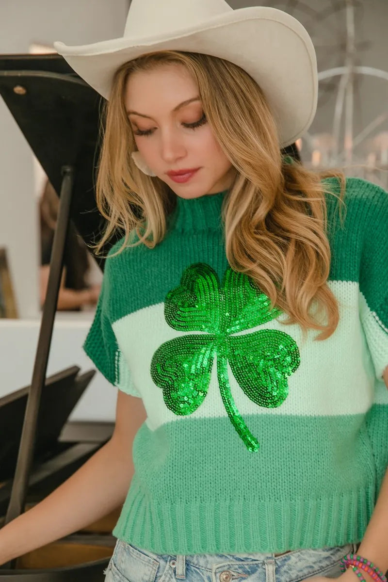 BiBi Sequin Clover Embroidery Color Block Sweater OutfitFlow
