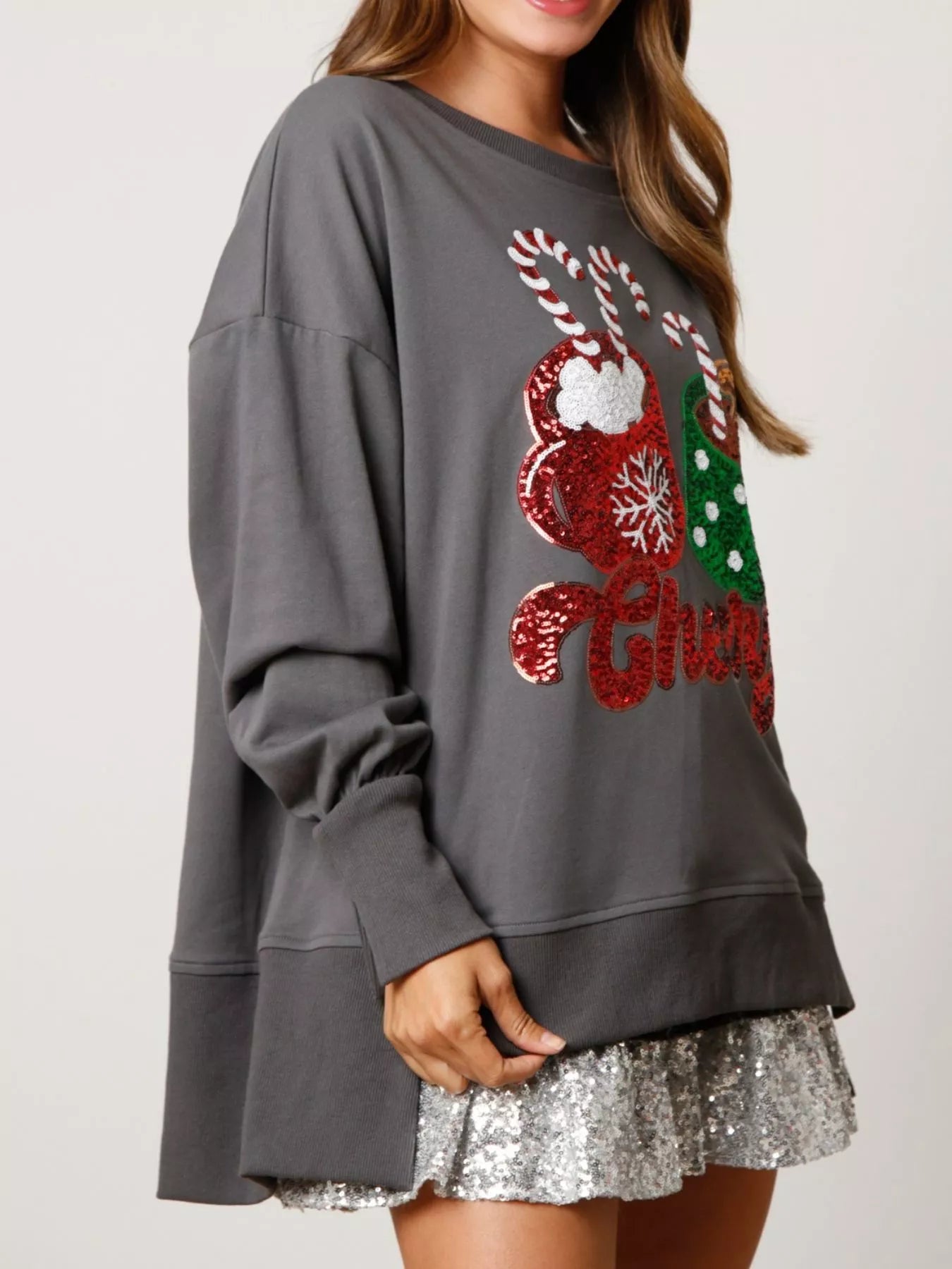 Christmas Sequin High-Low Round Neck Sweatshirt OutfitFlow